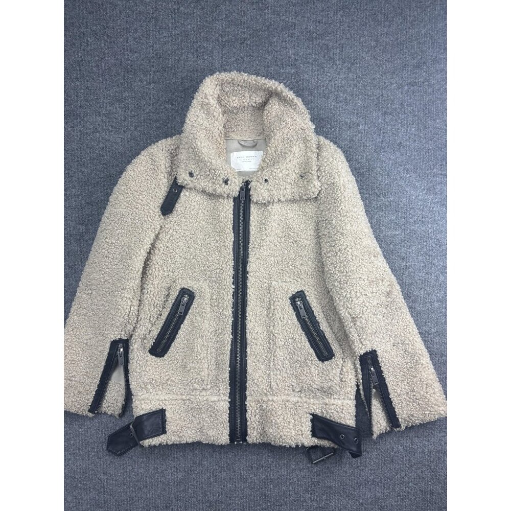 Zara Woman Jacket Womens‎ Small Beige Sherpa Teddy Fleece Biker Moto Zip Pockets